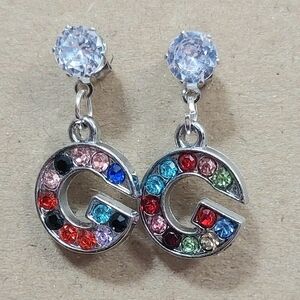 Initial Letter G Multicolored Rhinestone Silver Tone Dangle Earrings